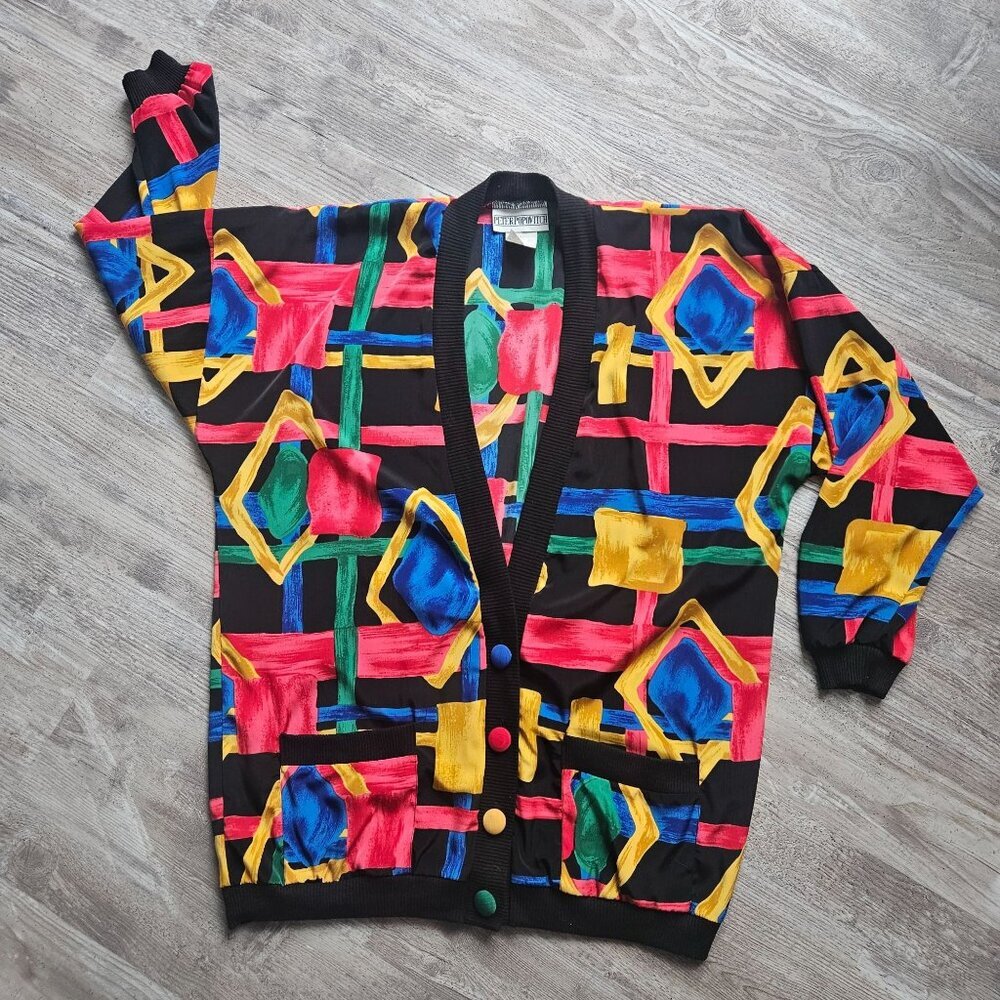 Peter Popovitch Ladies Multicolor Abstract Vintage Jacket Cardigan Size M USA